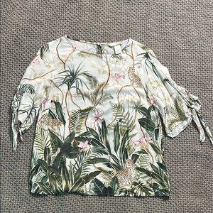 Tropical Print Blouse with Tie Sleeves